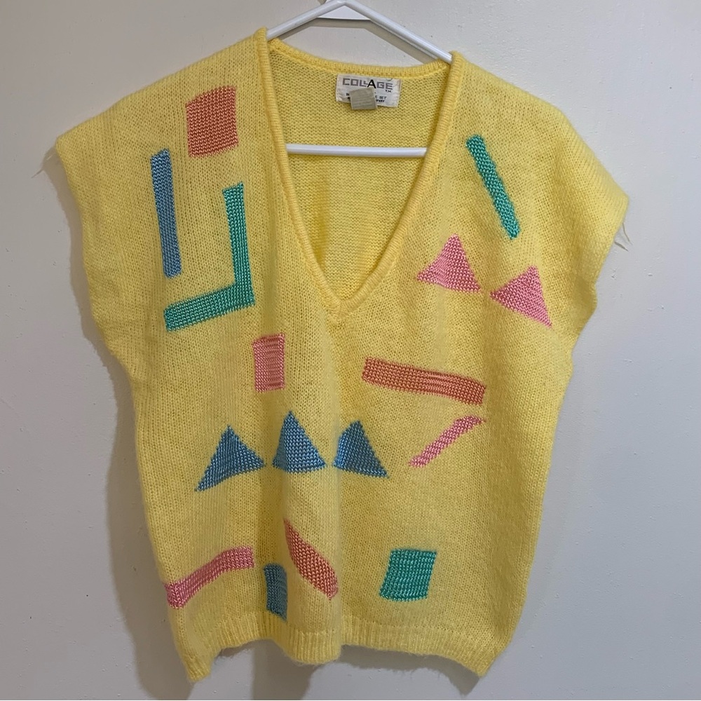 Vintage Cute Geometric V-Neck Sweater 80s Collage